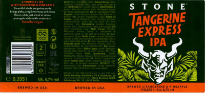 Этикетка пива Stone Tangerine Express Hazy IPA от пивоварни Stone Brewing. Изображение №1 (фото: Андрей Атаевв)